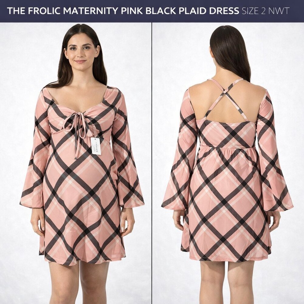 The Frolic Maternity Black and Pink Tie Front Sundress with Bell Sleeves NWT